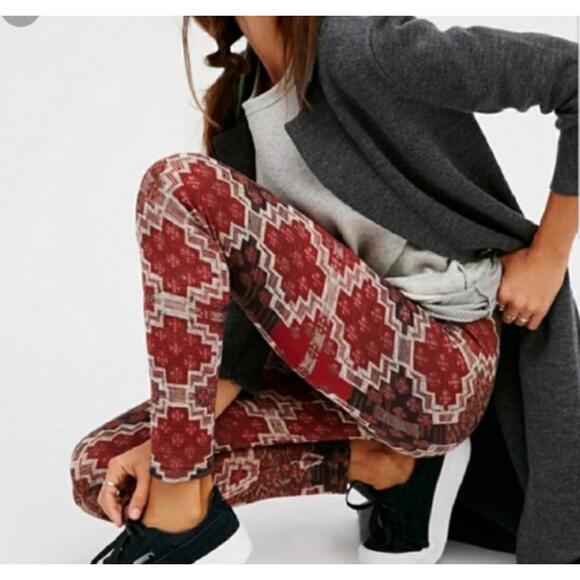 Free People Pants - FREE PEOPLE red brown Byzantine pattern sweater leggings sz S